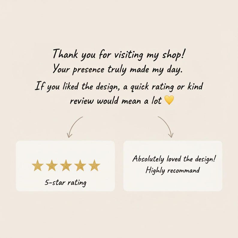 May include: A graphic with text that says "Thank you for visiting my shop!" and "If you liked the design, a quick rating or kind review would mean a lot." Includes a 5-star rating and the text "Absolutely loved the design! Highly recommend."