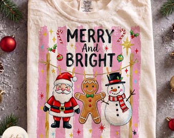 Merry and Bright PNG, Stripes Christmas PNG, Santa Claus, Gingerbread Man, Snowman Christmas, Girly Holiday Xmas, Cozy Season, Winter Vibes