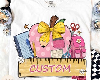 Custom Name Apple PNG, Coquette Bow School Supplies Design, Personalized School Apple Pencil, Brushstroke Back To School, Teacher and Kids