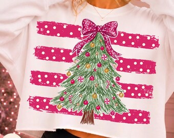 Pink Christmas Tree PNG, Stripes PolkaDot Tree, Merry and Bright, Distressed Winter Holiday, Coquette Bow Christmas Tree, Girly Holiday Xmas