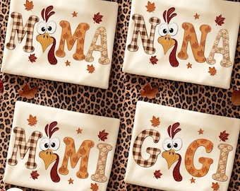 Turkey PNG Bundle, Mama Nana Mimi Gigi, Checkered Pumpkin Floral Fall, Hand Painted Autumn Design, Cozy Family Thanksgiving, Give Thanks PNG