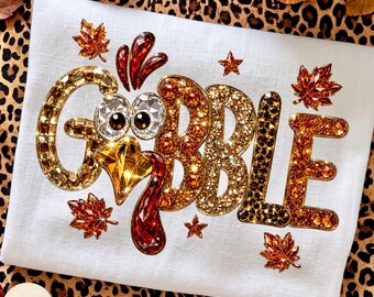 Gobble Turkey PNG, Thanksgiving Gobble Coquette PNG, Rhinestone Gobble, Thankful Shirt Design, Leopard Fall Design, Give Thanks PNG