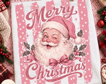 Vintage Merry Christmas PNG, Pink Santa Claus Design, Stripes PolkaDot Merry and Bright, Retro Holiday Holly, Preppy Merry Christmas, Xmas