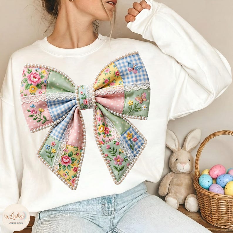May include: White sweatshirt featuring a large, colorful bow design. The bow is made of patchwork squares in pastel colors, floral patterns, and gingham. The bow is trimmed with lace and faux pearls, with butterflies on the bow.