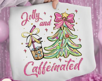 Jolly and Caffeinated PNG, Merry and Bright Coffee Christmas Tree, Pink Retro Holiday Coffee Lover Design, Tis The Season PNG
