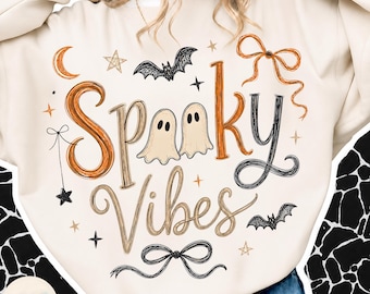 Preppy Spooky Vibes Ghost PNG, Halloween Coquette Ghost Design, Distressed Spooky Season PNG, Coquette Bow Halloween, Fall Ghost PNG