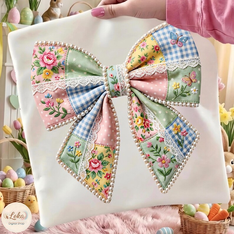May include: A large, decorative bow with a patchwork design featuring floral, polka dot, and gingham patterns in pastel colors. The bow is trimmed with white lace and faux pearls. Butterflies are embroidered on some patches. The bow is displayed on a white background.