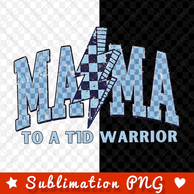 Retro Diabetes Awareness PNG design featuring “Mama to a T1D Warrior” text with blue ribbon, vintage style Type 1 Diabetes mom graphic for November awareness and support