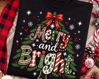 Merry and Bright PNG, Christmas Tree, BrushStroke Merry Christmas Png, Winter Holiday, Funny Xmas, Festive Holiday, Christmas Coquette Bow