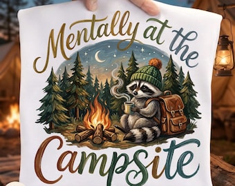 Camping Png, Mentally at the Campsite, Funny Brushstroke Forest Camp Raccoon, Outdoor Adventure, Campfire Clipart, Rustic Mountain Forest