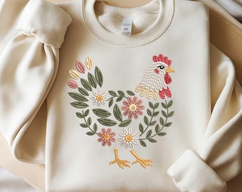 Floral Chicken Embroidery Design, Farmhouse Hen Stitch Pattern, Flower Chicken Embroidery File, Country Farm Machine Embroidery