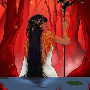 May include: A digital illustration of a figure with long black hair, wearing a white dress with gold feather-like shoulder accents, a gold headpiece, and a gold arm cuff. The figure holds a tall black staff in a forest with red trees and a blue pond.