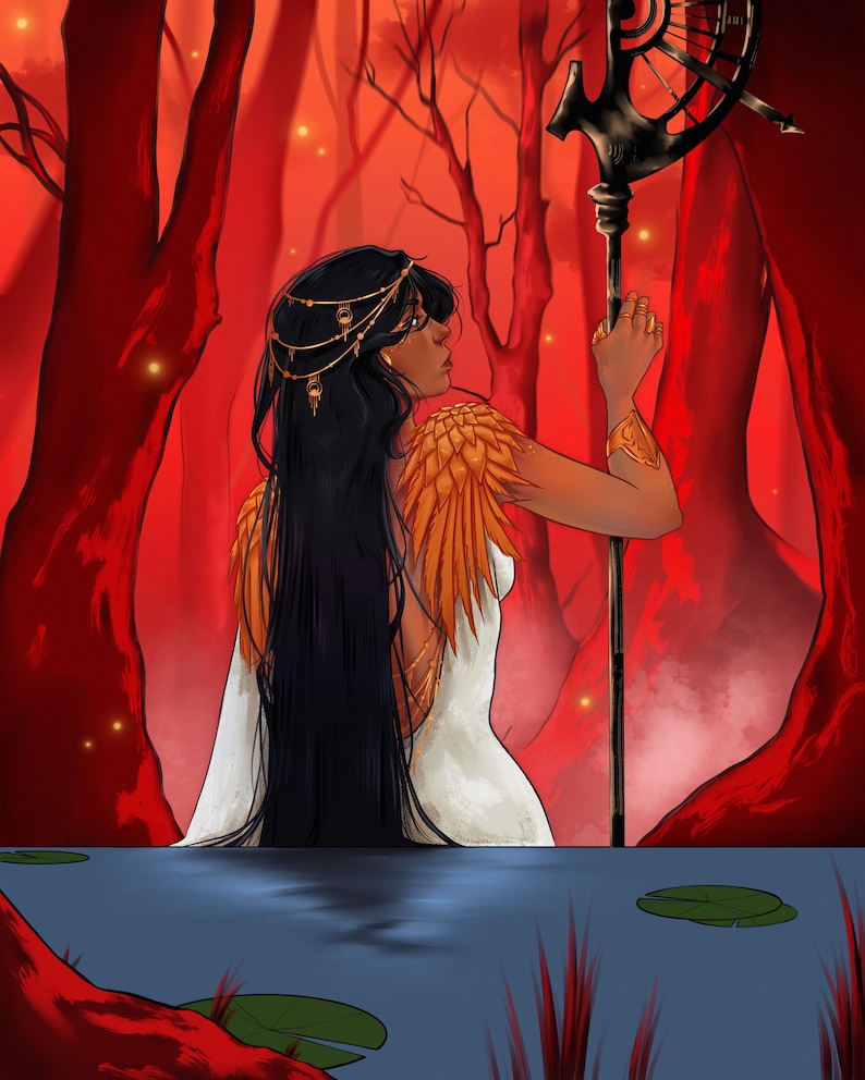 May include: A digital illustration of a figure with long black hair, wearing a white dress with gold feather-like shoulder accents, a gold headpiece, and a gold arm cuff. The figure holds a tall black staff in a forest with red trees and a blue pond.