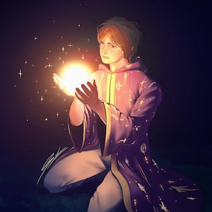 May include: A digital illustration of a person with brown hair kneeling while wearing a purple hooded robe with gold trim and star patterns. The person holds a glowing, bright white orb of light in their hands, casting a warm glow on their face.