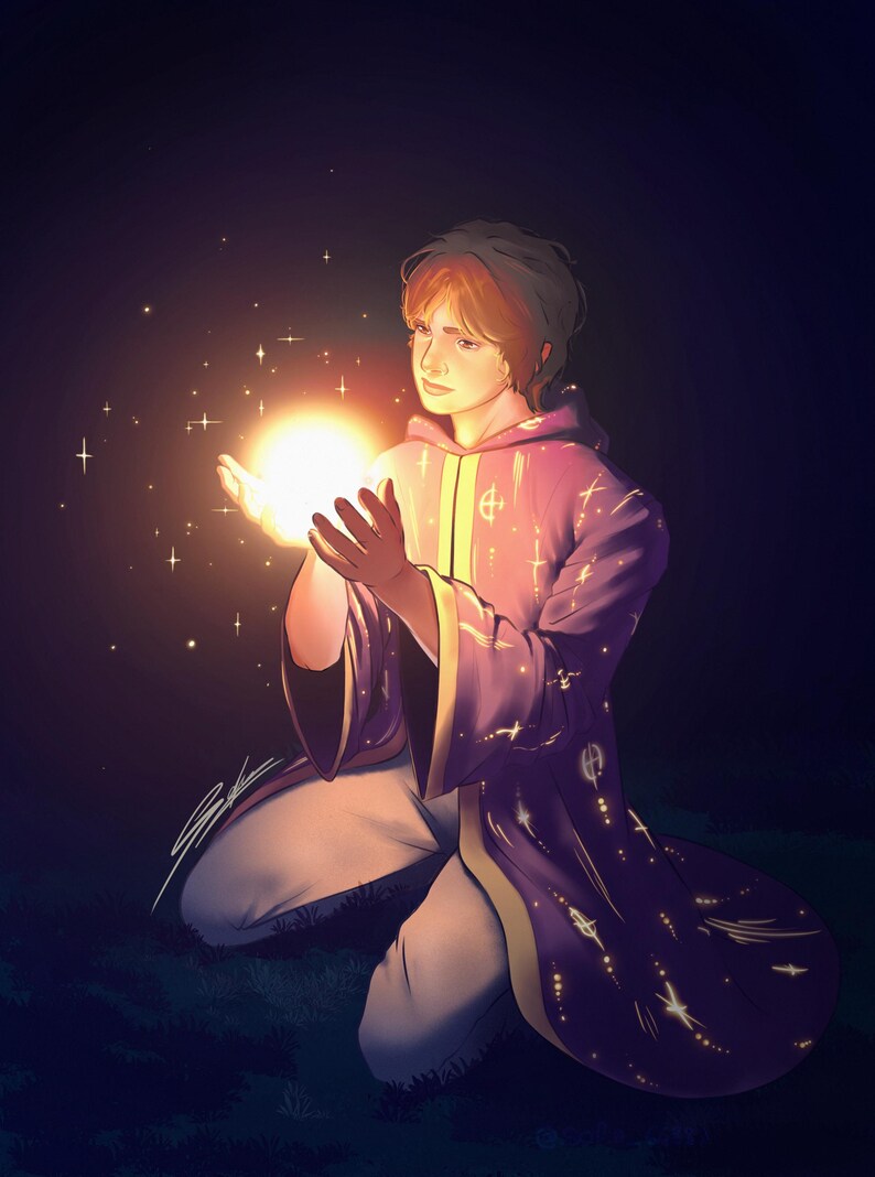 May include: A digital illustration of a person with brown hair kneeling while wearing a purple hooded robe with gold trim and star patterns. The person holds a glowing, bright white orb of light in their hands, casting a warm glow on their face.