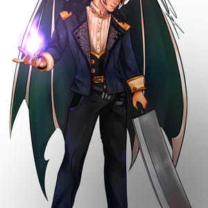 May include: A digital illustration of a winged character with red hair and pointed ears, wearing a dark blue jacket with gold accents over a white shirt and black trousers. The character holds a glowing purple orb and a large, heavy silver sword.