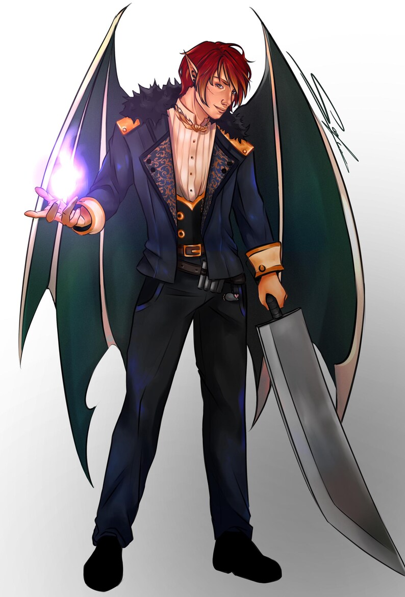 May include: A digital illustration of a winged character with red hair and pointed ears, wearing a dark blue jacket with gold accents over a white shirt and black trousers. The character holds a glowing purple orb and a large, heavy silver sword.