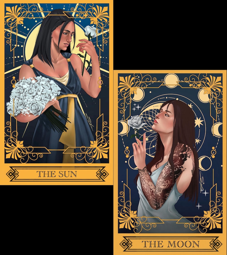 May include: Two rectangular tarot cards with gold borders on a dark blue background. The left card labeled THE SUN features a person in a navy dress holding a white rose bouquet. The right card labeled THE MOON shows a person with a patterned sleeve.