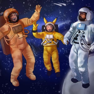 May include: A digital illustration of three figures in space suits floating in a starry galaxy. On the left, a person in an orange suit waves. In the center, a child wears a yellow suit with Pikachu-style ears. On the right, a person in a white suit.