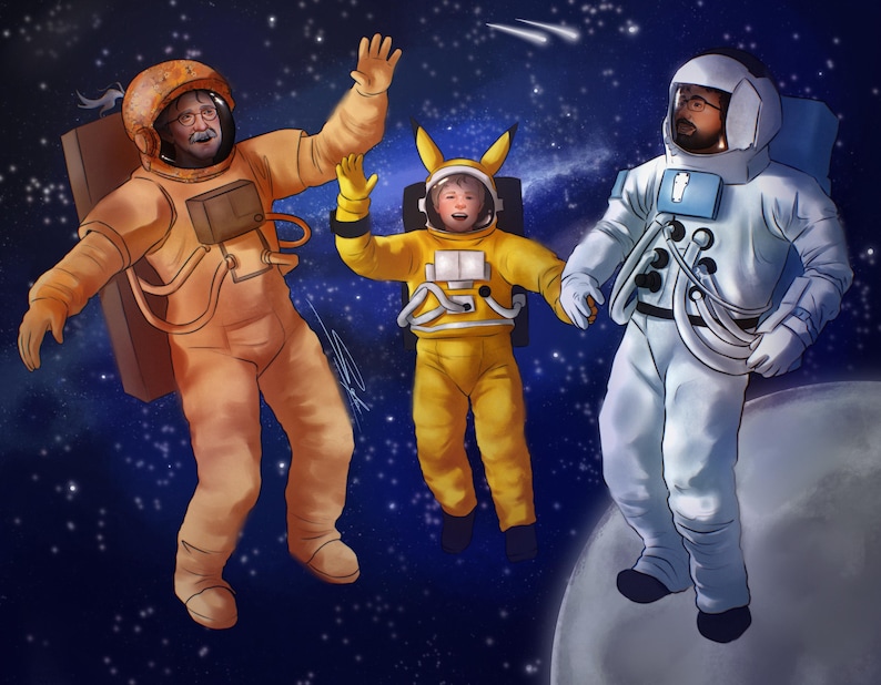 May include: A digital illustration of three figures in space suits floating in a starry galaxy. On the left, a person in an orange suit waves. In the center, a child wears a yellow suit with Pikachu-style ears. On the right, a person in a white suit.