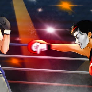 May include: Two boxers in a ring, one with blonde hair wearing a light blue tank top and white shorts with black gloves, the other with dark hair and white face paint wearing a red and black tank top with red gloves, engaged in a sparring match.