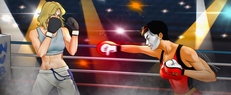May include: Two boxers in a ring, one with blonde hair wearing a light blue tank top and white shorts with black gloves, the other with dark hair and white face paint wearing a red and black tank top with red gloves, engaged in a sparring match.