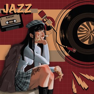 May include: A digital illustration featuring a person in a plaid beret and skirt, a white long-sleeve top, and a dark jacket. The background includes the text JAZZ, a cassette tape labeled PLAYLIST, a microphone, and a vinyl record on a red grid.
