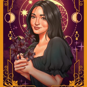 May include: A digital illustration of a person with dark hair holding dark purple lilies, framed by a gold border with moon phase icons and stars. The text THE MOON is centered at the bottom against a deep purple background with gold accents.