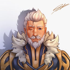 May include: A digital illustration of a character with white hair, a white beard, and a facial scar over one eye. The character wears a dark blue and gold armor set with a thick, light-colored fur collar around the neck. A signature is in the corner.