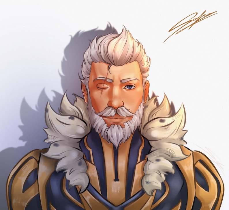 May include: A digital illustration of a character with white hair, a white beard, and a facial scar over one eye. The character wears a dark blue and gold armor set with a thick, light-colored fur collar around the neck. A signature is in the corner.
