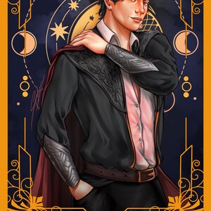 May include: A digital illustration of a dark-haired figure wearing a crown, a black shirt with ornate shoulder detailing, silver arm guards, and a dark red cape. The background features gold celestial motifs and the text THE PRINCE at the bottom.