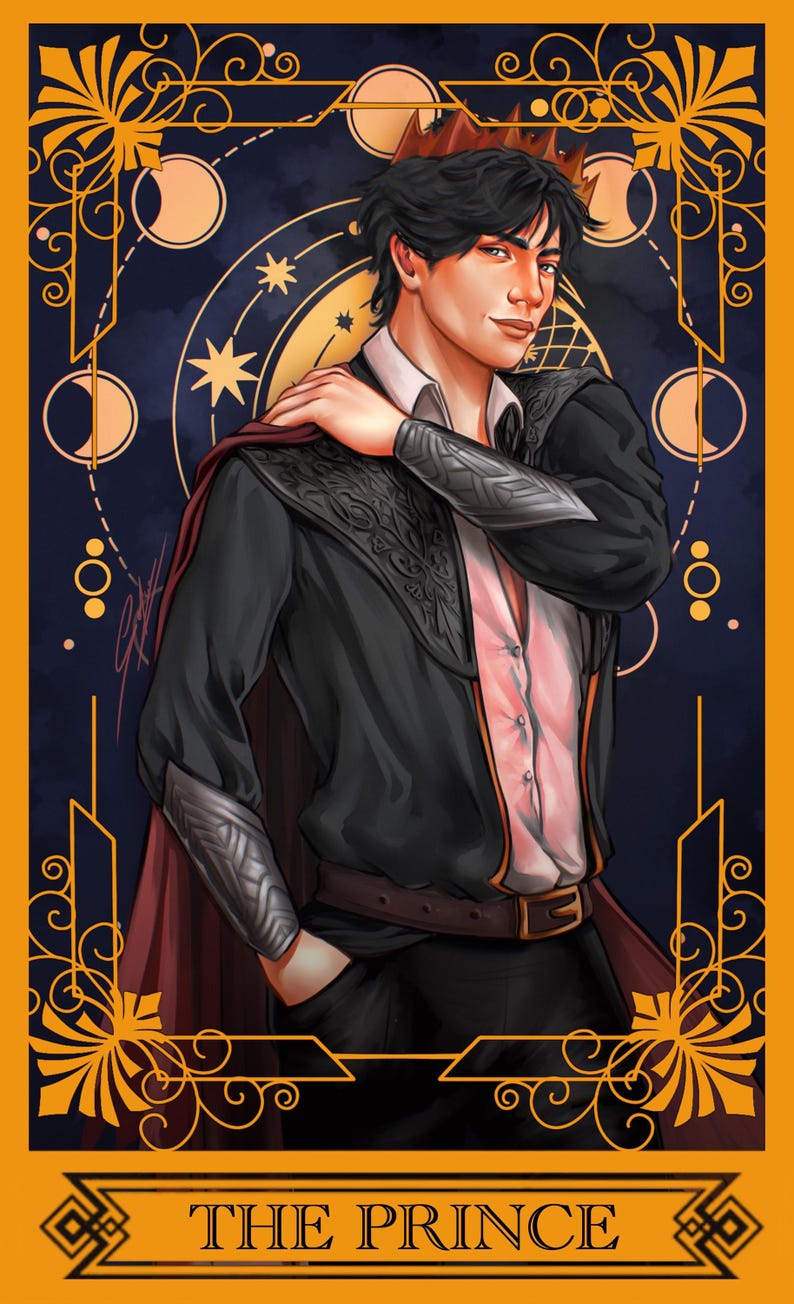May include: A digital illustration of a dark-haired figure wearing a crown, a black shirt with ornate shoulder detailing, silver arm guards, and a dark red cape. The background features gold celestial motifs and the text THE PRINCE at the bottom.