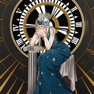 May include: A digital illustration of a figure in a long, dark teal gown adorned with gold star patterns, wearing a blue butterfly-shaped mask. The figure rests arms on a grey stone pillar before a large clock face with Roman numerals and gold rays.
