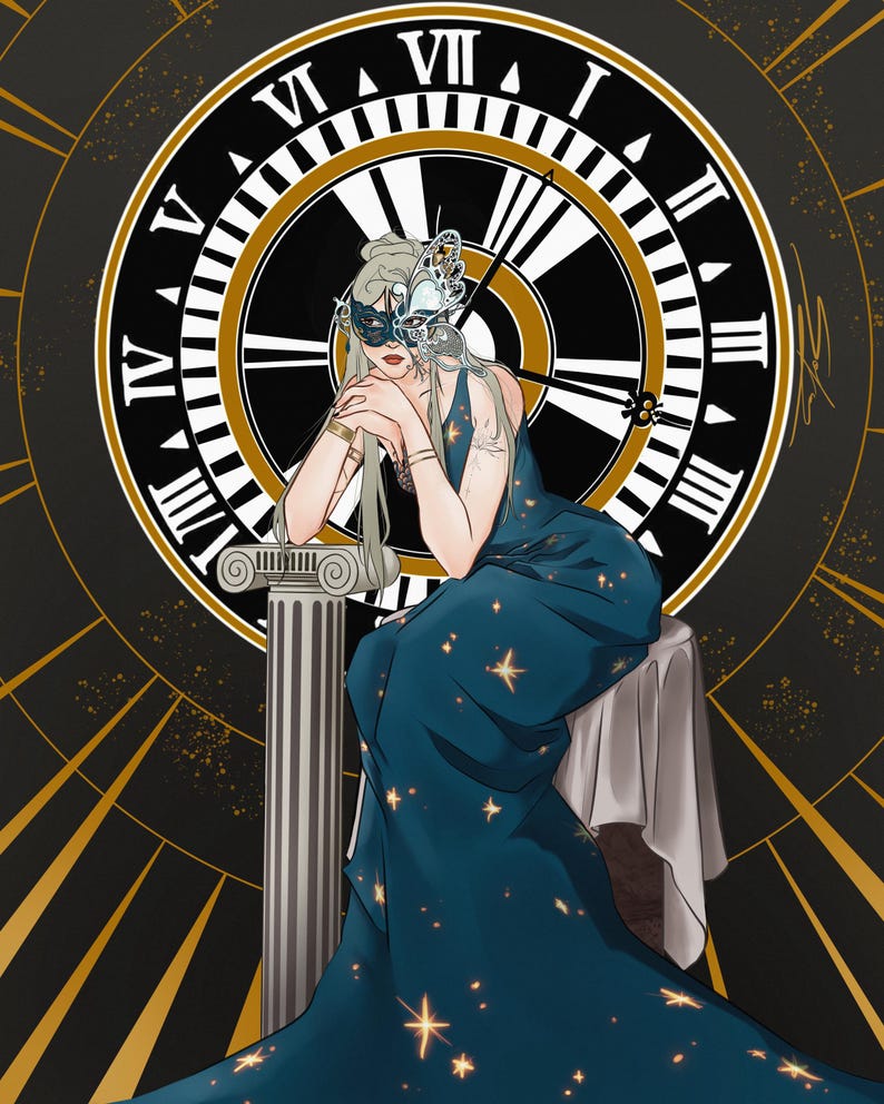 May include: A digital illustration of a figure in a long, dark teal gown adorned with gold star patterns, wearing a blue butterfly-shaped mask. The figure rests arms on a grey stone pillar before a large clock face with Roman numerals and gold rays.