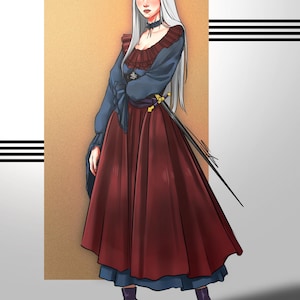 May include: A digital illustration of a figure with long white hair wearing a dark blue long-sleeved blouse with a ruffled neckline, a deep red skirt, and a black choker. A sword with a gold hilt is tucked into a dark belt at the waist.