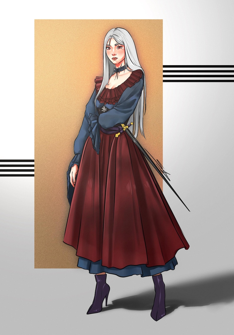 May include: A digital illustration of a figure with long white hair wearing a dark blue long-sleeved blouse with a ruffled neckline, a deep red skirt, and a black choker. A sword with a gold hilt is tucked into a dark belt at the waist.