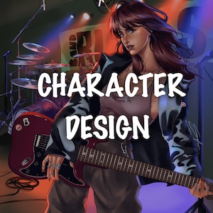 May include: A digital illustration of a musician with long brown hair wearing a black and blue patterned jacket over a brown tank top and pants, holding a dark red electric guitar on a stage with drums and microphones, featuring the text CHARACTER DESIGN.