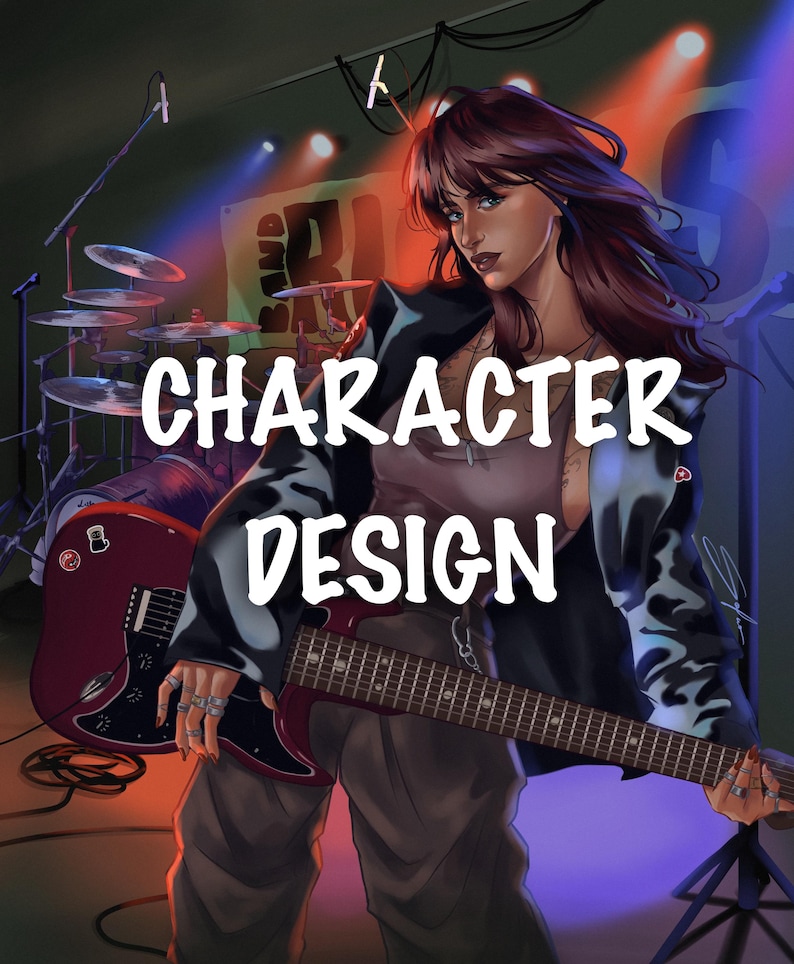 May include: A digital illustration of a musician with long brown hair wearing a black and blue patterned jacket over a brown tank top and pants, holding a dark red electric guitar on a stage with drums and microphones, featuring the text CHARACTER DESIGN.