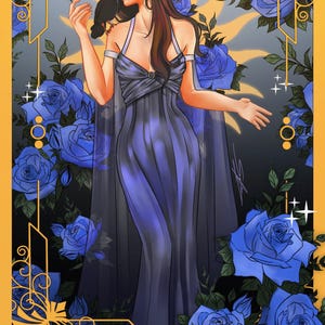 May include: A digital illustration of a person with long brown hair wearing a floor-length dark blue gown, standing amidst vibrant blue roses. A black raven rests on their shoulder. The frame is gold with the text THE SUN at the bottom.