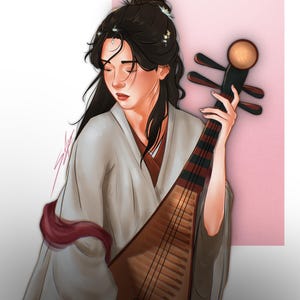 May include: A digital illustration of a person with long dark hair styled in an updo, wearing a light gray robe with a dark red sash. The person is holding a wooden pear-shaped stringed instrument with a long neck and four tuning pegs.