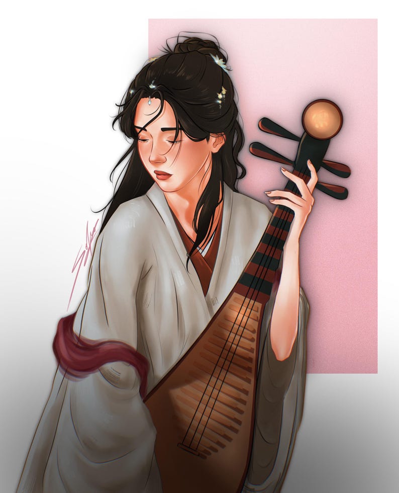 May include: A digital illustration of a person with long dark hair styled in an updo, wearing a light gray robe with a dark red sash. The person is holding a wooden pear-shaped stringed instrument with a long neck and four tuning pegs.