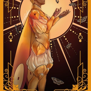 May include: A tarot card illustration titled THE DEVIL featuring a figure with pointed ears and moth-like wings wearing golden armor and white breeches. The figure stands in profile against a large sun, surrounded by moths within a decorative frame.