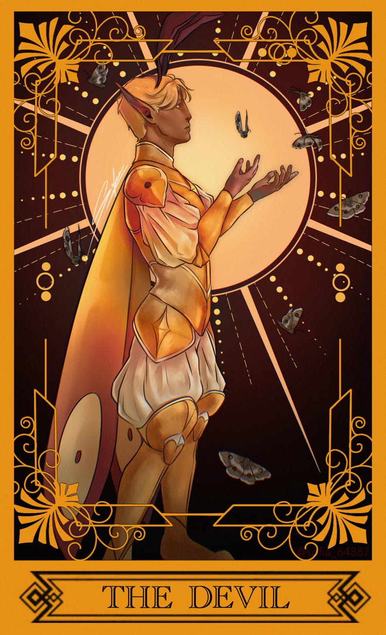 May include: A tarot card illustration titled THE DEVIL featuring a figure with pointed ears and moth-like wings wearing golden armor and white breeches. The figure stands in profile against a large sun, surrounded by moths within a decorative frame.