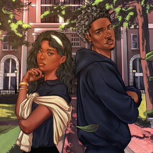 May include: A digital illustration of two individuals standing back-to-back in front of a brick building. One individual wears a dark shirt with a cream sweater draped over their shoulders, while the other wears a dark hooded sweatshirt.