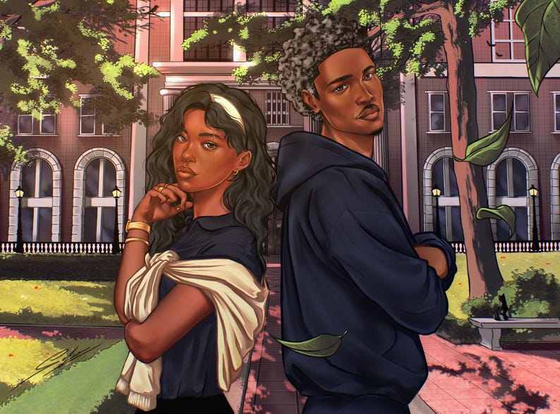 May include: A digital illustration of two individuals standing back-to-back in front of a brick building. One individual wears a dark shirt with a cream sweater draped over their shoulders, while the other wears a dark hooded sweatshirt.