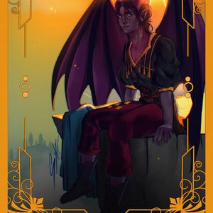 May include: A tarot card illustration titled THE FOOL featuring a winged figure with dark skin, pointed ears, and small horns. The figure wears a black top with gold trim and dark red pants, sitting against a bright orange sunset background.