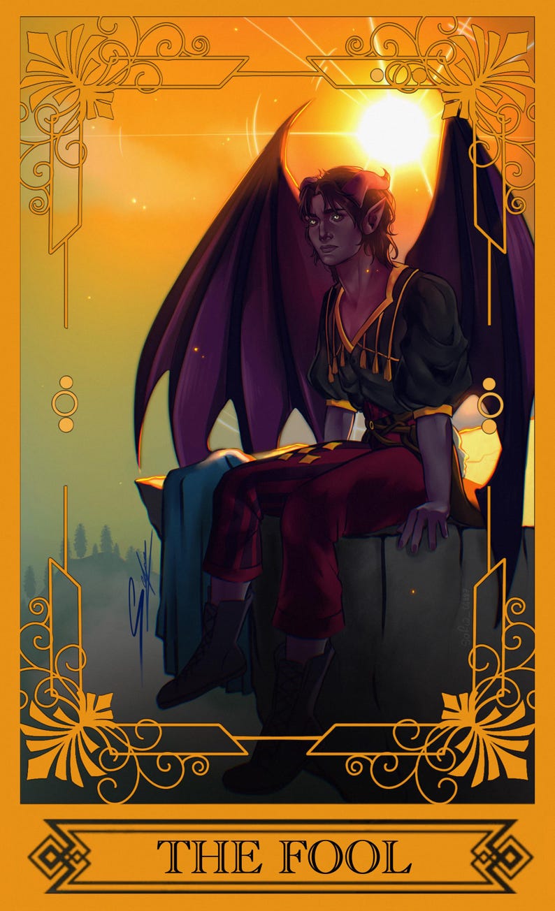 May include: A tarot card illustration titled THE FOOL featuring a winged figure with dark skin, pointed ears, and small horns. The figure wears a black top with gold trim and dark red pants, sitting against a bright orange sunset background.