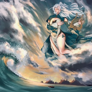 May include: A digital illustration featuring a large, ethereal figure with long white hair, wearing a dark teal garment, holding a golden lyre, and floating above a turbulent ocean wave with a small boat visible in the distance, signed @art_so367.