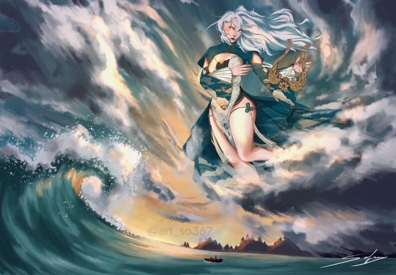 May include: A digital illustration featuring a large, ethereal figure with long white hair, wearing a dark teal garment, holding a golden lyre, and floating above a turbulent ocean wave with a small boat visible in the distance, signed @art_so367.