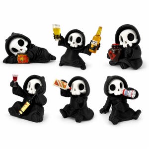May include: A set of six small figurines, each depicting a white skull-faced character wearing a black hooded robe. The characters are shown in various poses interacting with miniature beverage containers, including beer bottles, a wine glass, and a jar.